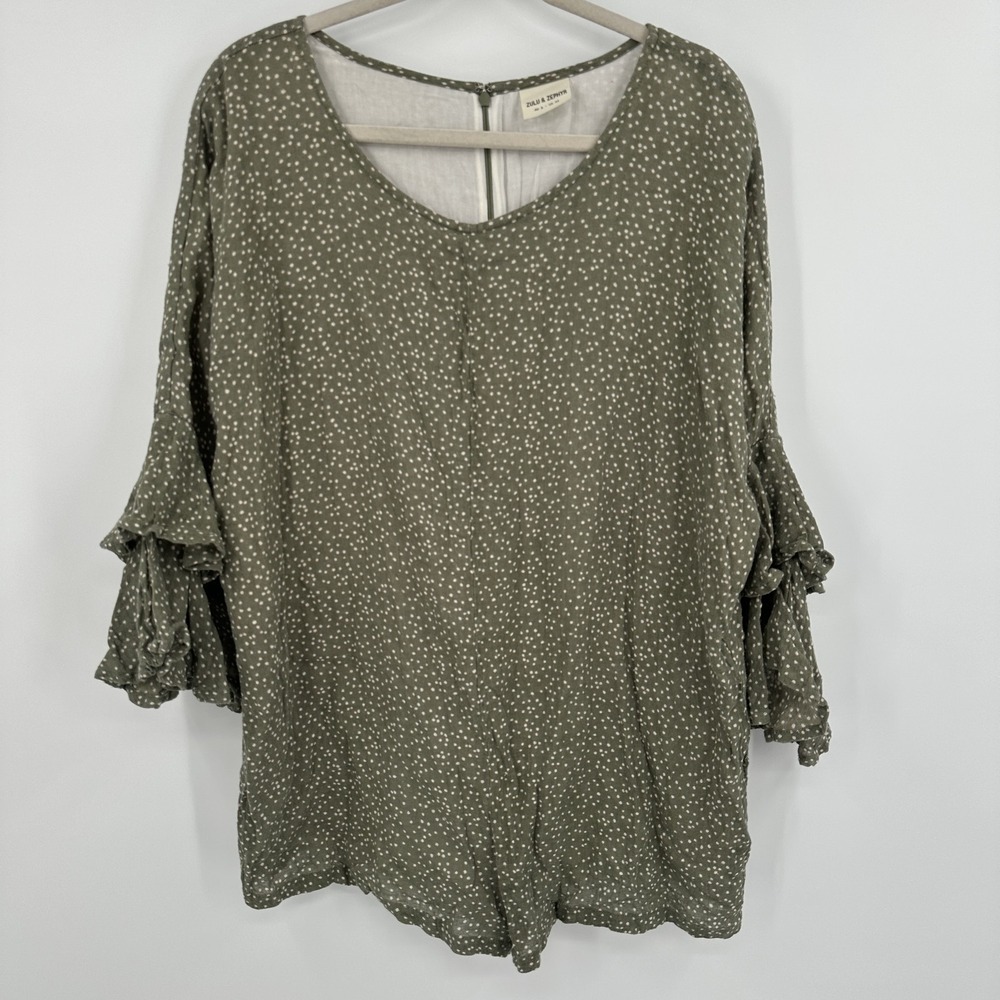 Zulu & Zephyr Romper Womens Extra Small‎ Green Polka Dot Long Sleeve Ruffle Boho